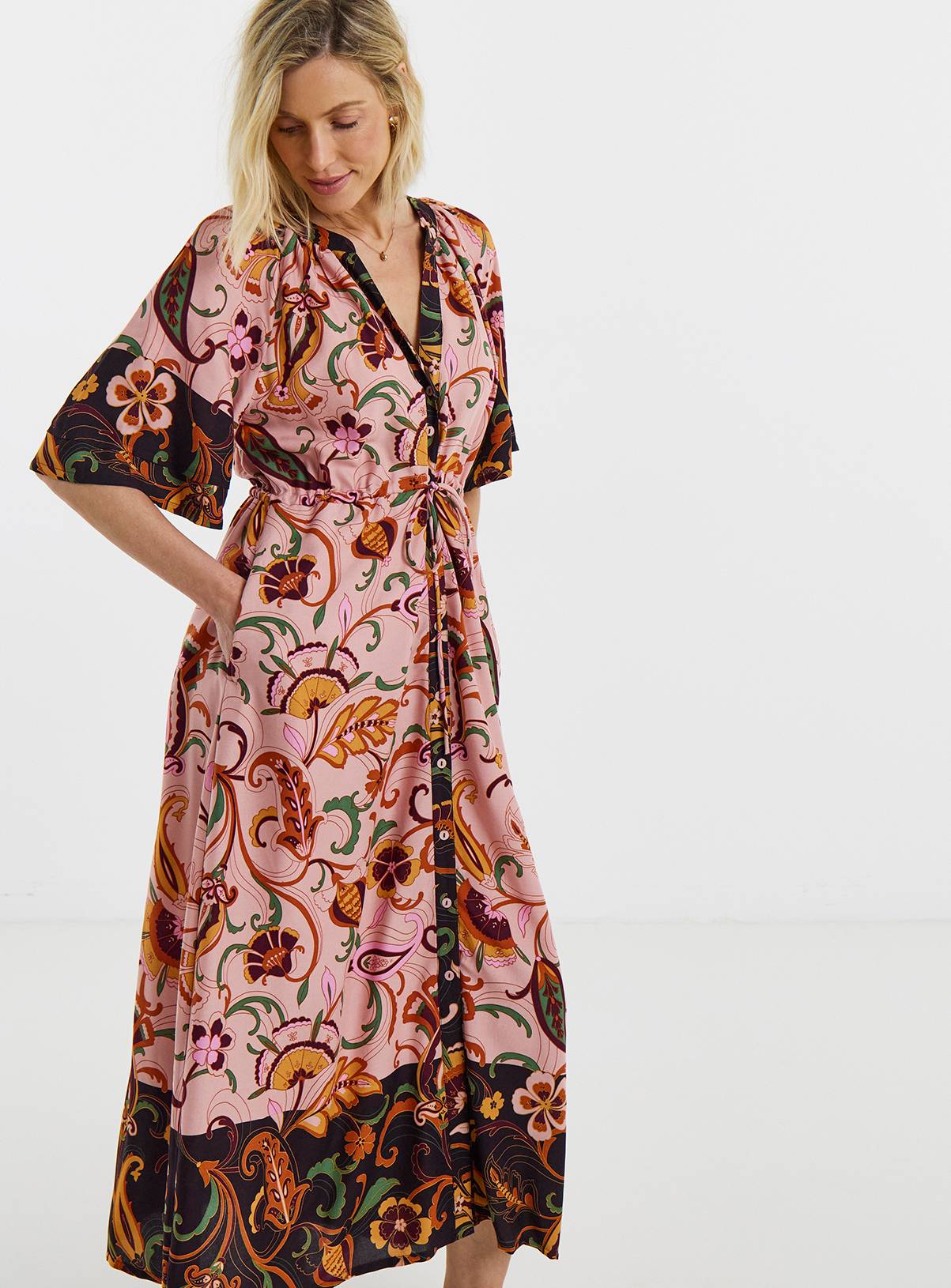 JD WILLIAMS Pink Floral Border Print Frill Sleeve Midaxi Dress 26 - Image 1